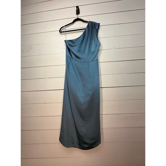 Elliatt XL One Shoulder High Slit Satin Cassini Dress in Baby Blue - Picture 9 of 16